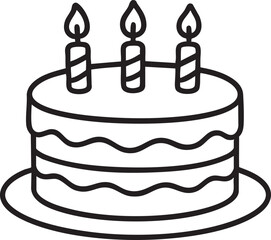 Simple Line Drawing of a Two Layer Cake with Three Candles on a White Background black