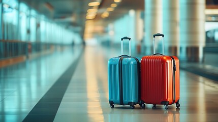 Two travel suitcases in airport terminal. Travel and tourism concept.