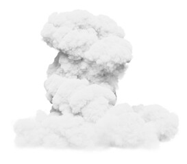 A large plume of white smoke rising from the ground against a transparent background. Cloud for composition. 3d illustration.