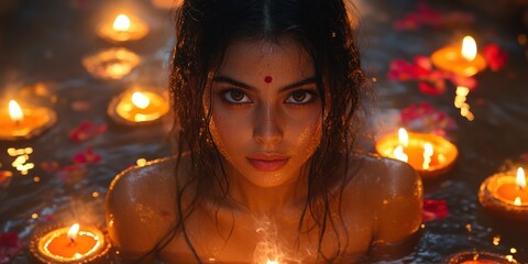 Indian Woman Surrounded by Lit Candles in Water for Deepavali Festival