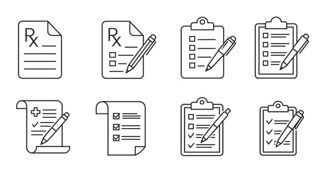 A collection of minimalist vector icons of medical documents, including prescription papers, clipboards and pens, on a white background.