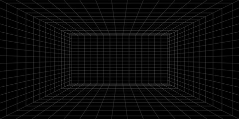 Futuristic perspective grid box. Abstract wireframe with white grid line on black background. Virtual reality landscape in 80s 90s digital style. Vector illustration.