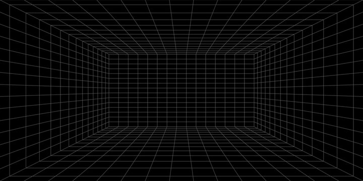 Futuristic perspective grid box. Abstract wireframe with white grid line on black background. Virtual reality landscape in 80s 90s digital style. Vector illustration.
