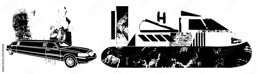 Poster vector elegant limousine and modern building in monochrome style.