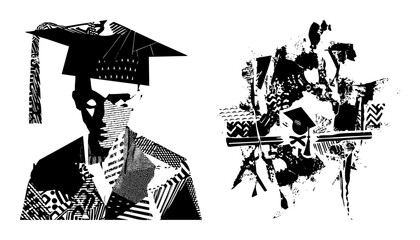 Vector Graduation celebration featuring a scholar and abstract figures.