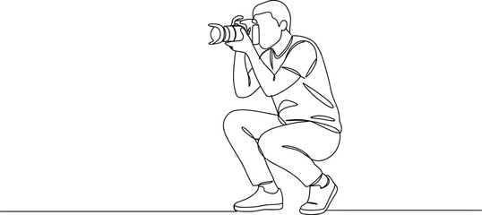 Male photographer in action, continuous line drawing, minimalistic sketch of man, holding professional camera, crouching pose, modern artwork, stock vector, artistic illustration for content creation