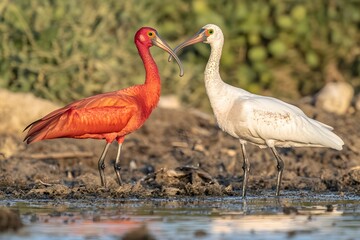 Scarlet Ibis and Eurasian Spoonbill Birds Encounter in Nature