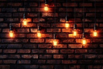 Fototapeta premium Warm glowing Edison bulbs hanging against rustic brick wall creating cozy vintage industrial ambiance