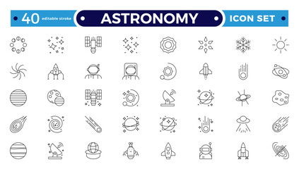 Astronomy icon of science observatory, satellite and rocket .space and planet outline Icons, thin line style. Contains such Icons as space, planet, alien, solar. Editable stroke outline icon.
