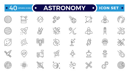 Astronomy icon of science observatory, satellite and rocket .space and planet outline Icons, thin line style. Contains such Icons as space, planet, alien, solar. Editable stroke outline icon.
