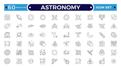 Astronomy icon of science observatory, satellite and rocket .space and planet outline Icons, thin line style. Contains such Icons as space, planet, alien, solar. Editable stroke outline icon.
