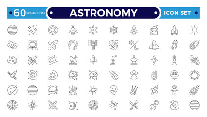 Astronomy icon of science observatory, satellite and rocket .space and planet outline Icons, thin line style. Contains such Icons as space, planet, alien, solar. Editable stroke outline icon.
