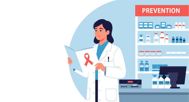 HIV Prevention Awareness Illustration with Female Doctor and Awareness Ribbon for Health Campaigns, Education Resources, Nonprofit Organizations, and Medical Awareness