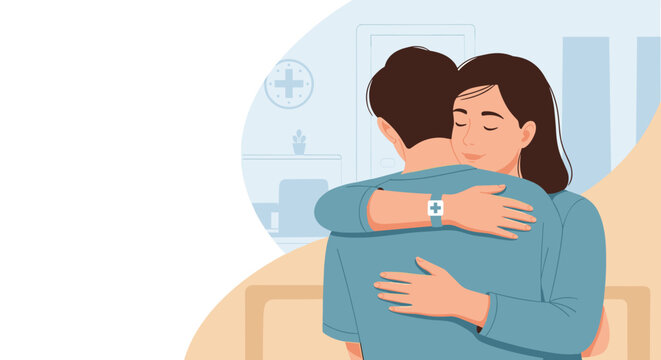 Supportive Embrace Between Two Individuals in Healthcare Setting for Emotional Wellness Blogs, Mental Health Awareness, Relationship Advice, and Social Media Campaigns