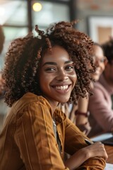Happy Young African American Woman Smiling Portrait Brown Jacket Casual Relaxed Natural Light Studio Shot Beautiful Girl Positive Expression Cheerful Friendly Confident Attractive Female Model face   