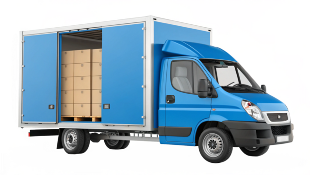 truck on the road, Blue Delivery Van with Open Cargo Doors and Loaded Pallets – AI-Generated Image on Transparent Background