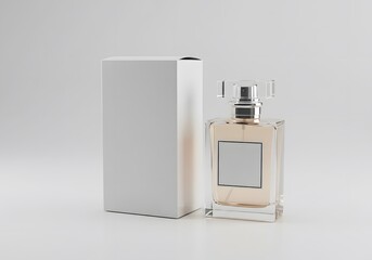 Empty perfume bottle and box on white background