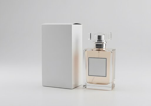 Empty perfume bottle and box on white background