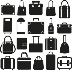 A collection of stylized travel bags and suitcases, featuring various designs and colors with wheels and handles, presented with a clean and graphic aesthetic.