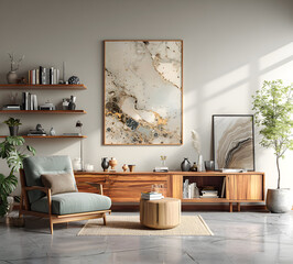 mock up poster frame in modern interior background, living room, Scandinavian style, 3D render, 3D illustration
