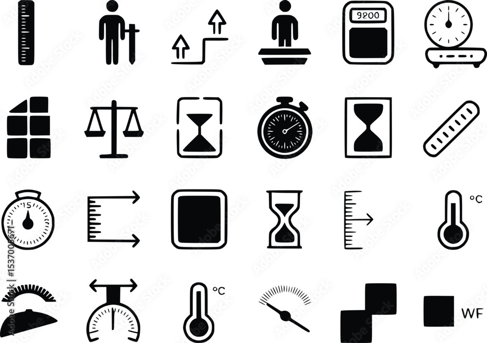 Poster measuring tool icons weight scale symbols instruments ruler thermometer stopwatch vectors