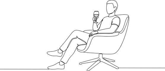 Man sitting on chair, drinking wine, modern line art, single line illustration, minimalist vector sketch, relaxation concept, contemporary design, lounge lifestyle, elegant wine moment