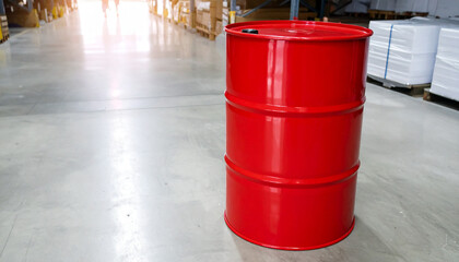 Red metal barrel on concrete floor in warehouse. Container for danger biological liquids.