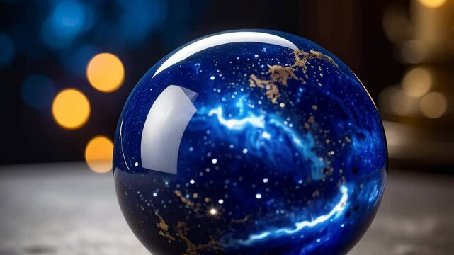 Mystical crystal ball with swirling blue nebula and golden flecks, glowing softly on a marble surface, illuminated by blurred bokeh lights, enchanting atmosphere