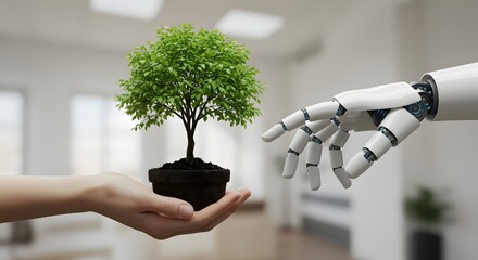 Future technology tree and robot hand sustainable growth