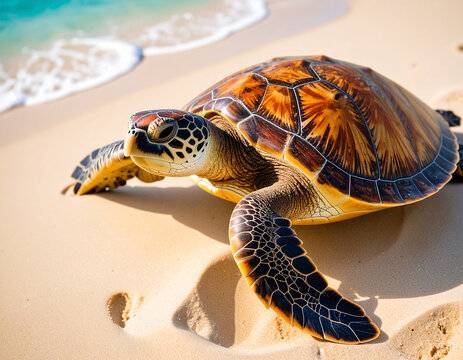 una tortuga marina andando sobre la arena hacia la orilla de una playa tropical emblema de sostenibilidad, respeto por el medio ambiente y la naturaleza y compromiso con la protecci&oacute;n de los oc&eacute;anos