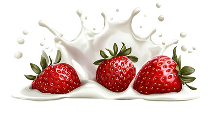 Fresh strawberries splashing in creamy pink milk, vibrant and delicious.