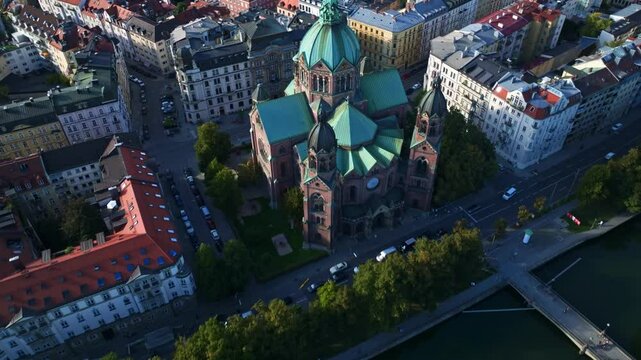 Aerial view of St. Lukas Church, the largest Protestant church in Munich