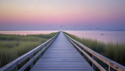 Naklejka premium Serene Coastal Boardwalk: Long Pier Leading to a Sunset Horizon with Birds