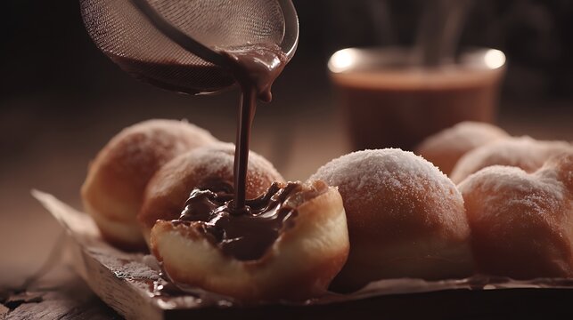 Chocolate donuts being drizzled