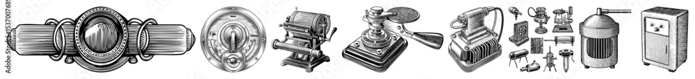 Poster vector detailed cross-sections of futuristic devices showcase complex internal mechanisms.