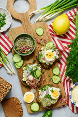 Danish Open-Faced Sandwich with herring on slices of rye bread.top veiw