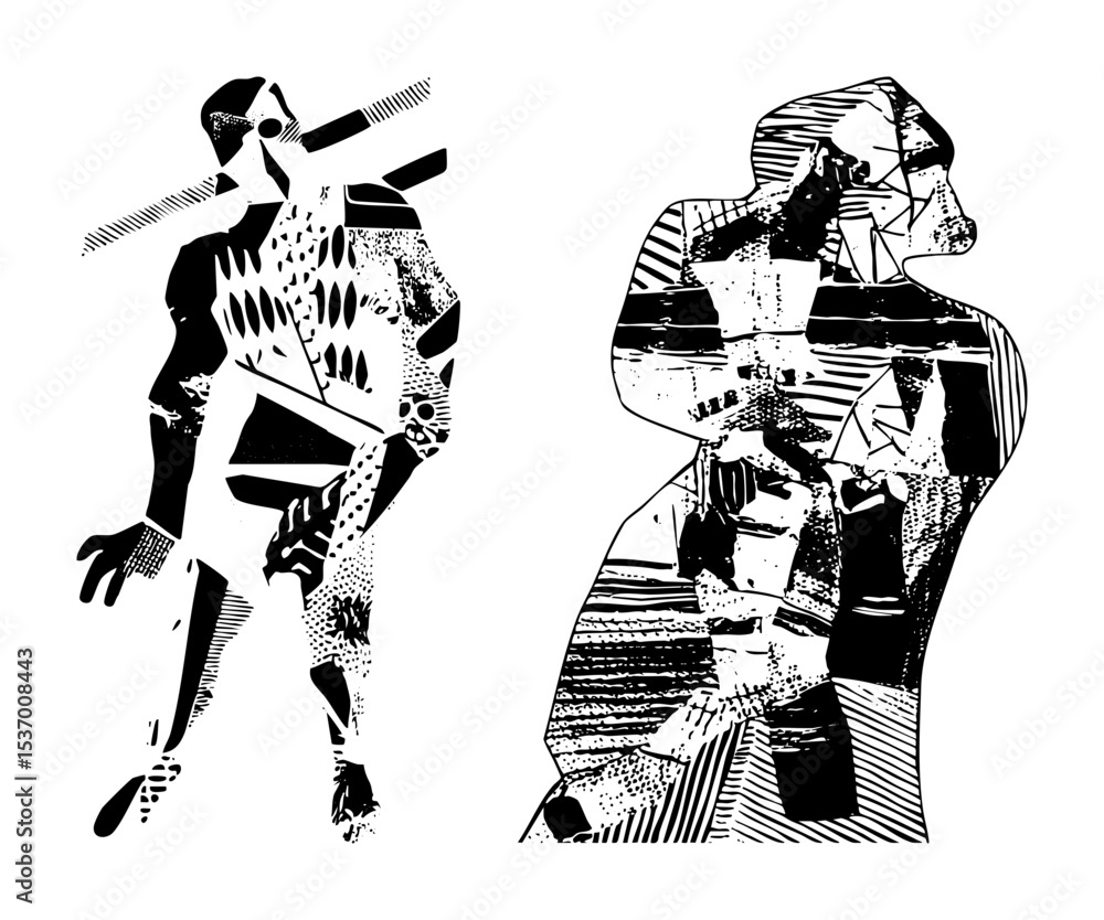 Poster vector abstract figures in dynamic poses showcasing geometric shapes and linework.