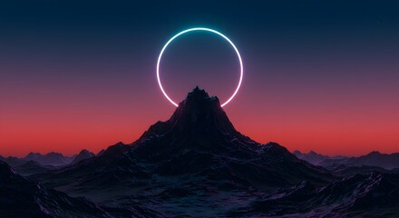 Neon circle mountain sunset landscape
