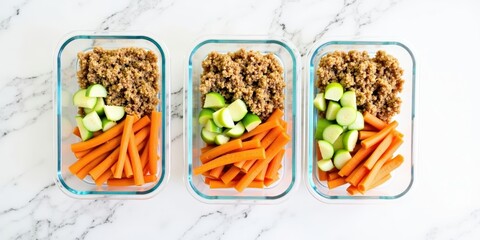 Naklejka premium Three meal prep containers with quinoa, cucumber and carrots