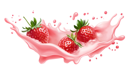 A pink strawberry splashing into a pink splash of milk
