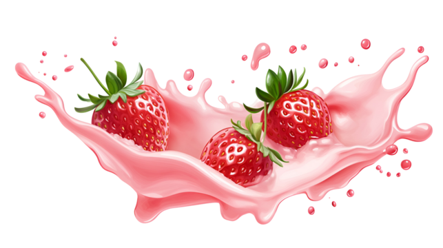 A pink strawberry splashing into a pink splash of milk - Powered by Adobe
