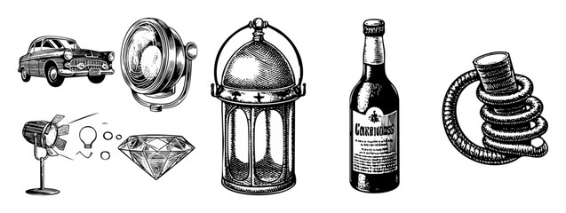 Vector Vintage objects collection featuring a car lantern bottle and diamond .