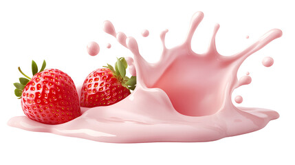 A pink strawberry splashing into a pink splash of milk