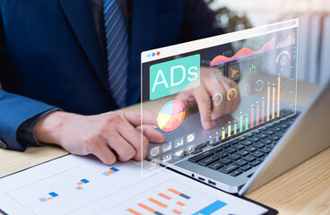 Digital marketing concept. Online ads dashboard on screen representing internet advertising, campaign analytics, and targeted digital marketing to reach specific audiences.
