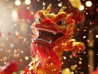 Vibrant Chinese New Year dragon dance, red and gold ribbons flying dynamically, confetti exploding under festive lights, traditional cultural celebration meets modern high energy performance