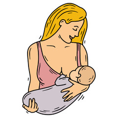 Hand drawn vector illustration of a mother breastfeeding a baby, pink and grey color