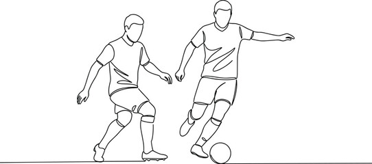 Soccer players in action, football competition sketch, sports teamwork outline, athlete dribbling ball, defense strategy motion, game performance concept, physical activity 