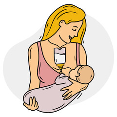 Hand drawn vector illustration of mother breastfeeding a baby with a supplemental nursing system, pink and grey color