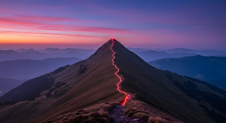 Red trail winding up mountain peak at dawn