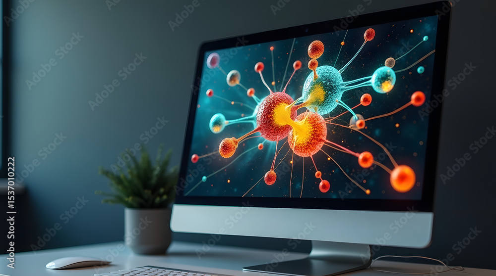 Fototapete a vibrant digital illustration of molecular structures displayed on a sleek desktop computer, creati